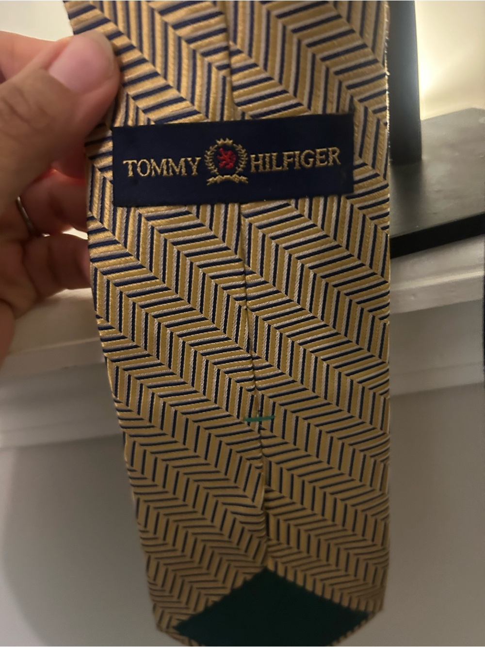 Tommy Hilfiger Gold and Navy Chevron Silk Tie with Crest Patch